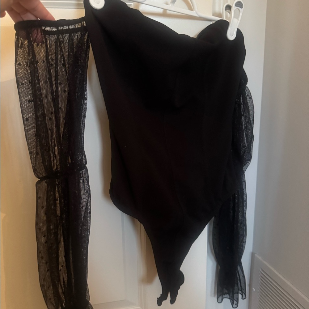 Off shoulder Black Bodysuit with Sheer Sleeves